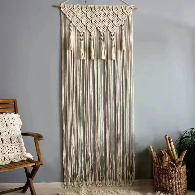 rideau macramé coton beige clair motif géométrique franges boho chic décoration intérieur séparation porte