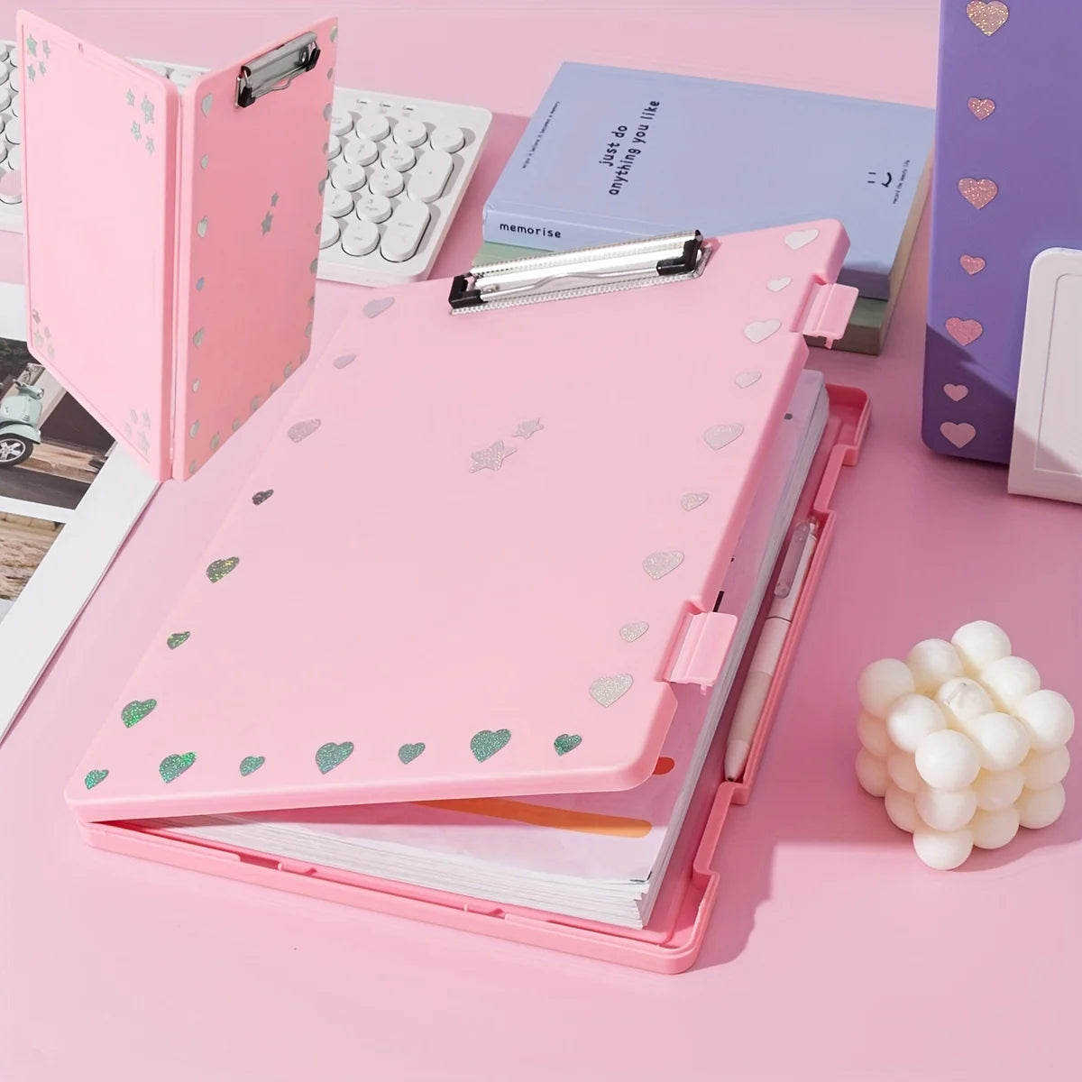 porte dossiers a4 moderne bleu clair vert rose jaune violet clips métalliques points blancs