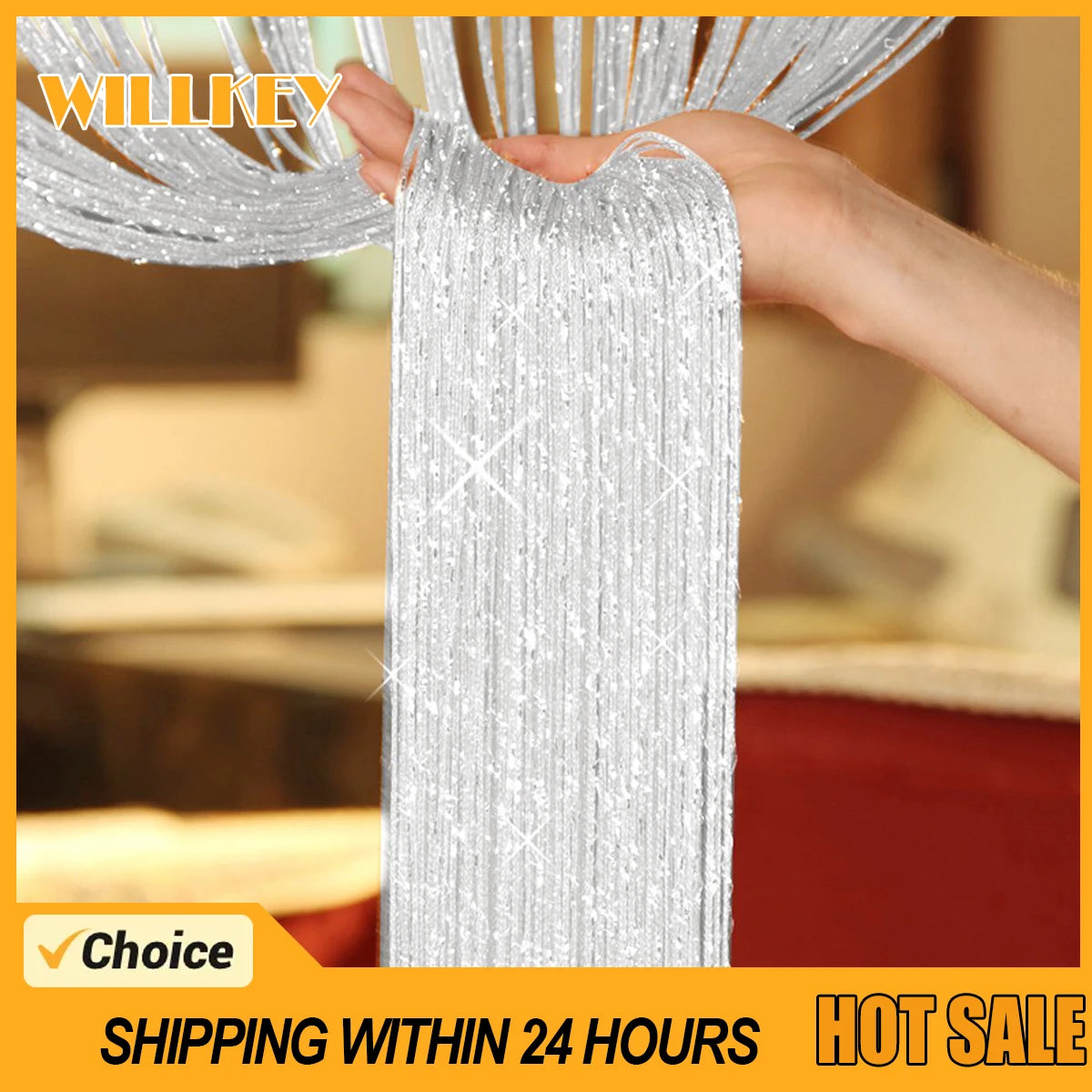 rideau transparent porte franges brillantes argentées dimension 100x200cm decoration festive crochet