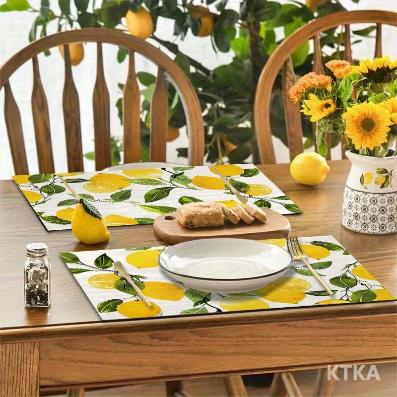 serviettes table blanc jaune automne citrons feuilles vertes fond blanc texture matDecoratorHomeUseSetOf4