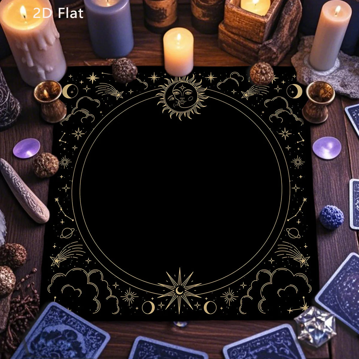 tapisserie tapis geométrique lune soleil étoiles doré noir artisanal mystique
