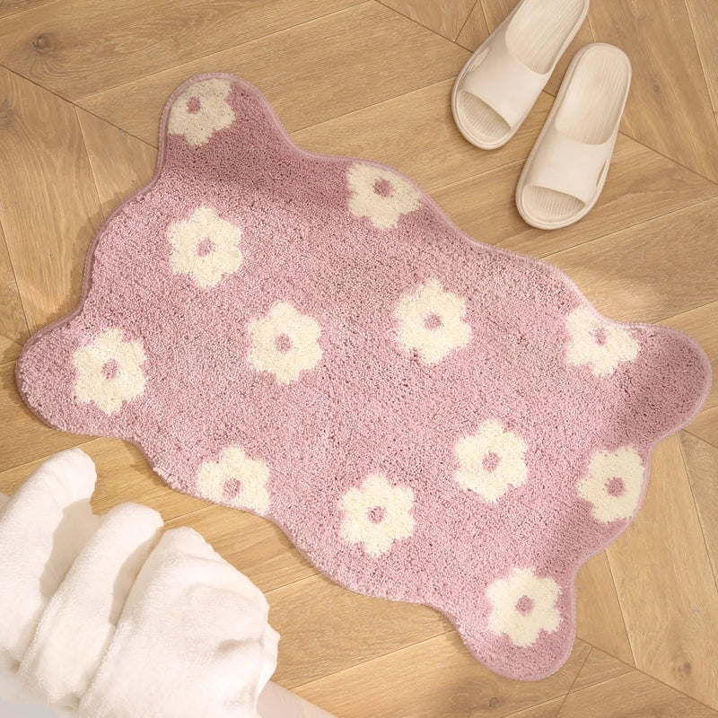 tapis bain moderne rose clair fleurs blanches absorbant rapide sec handwashable polyester