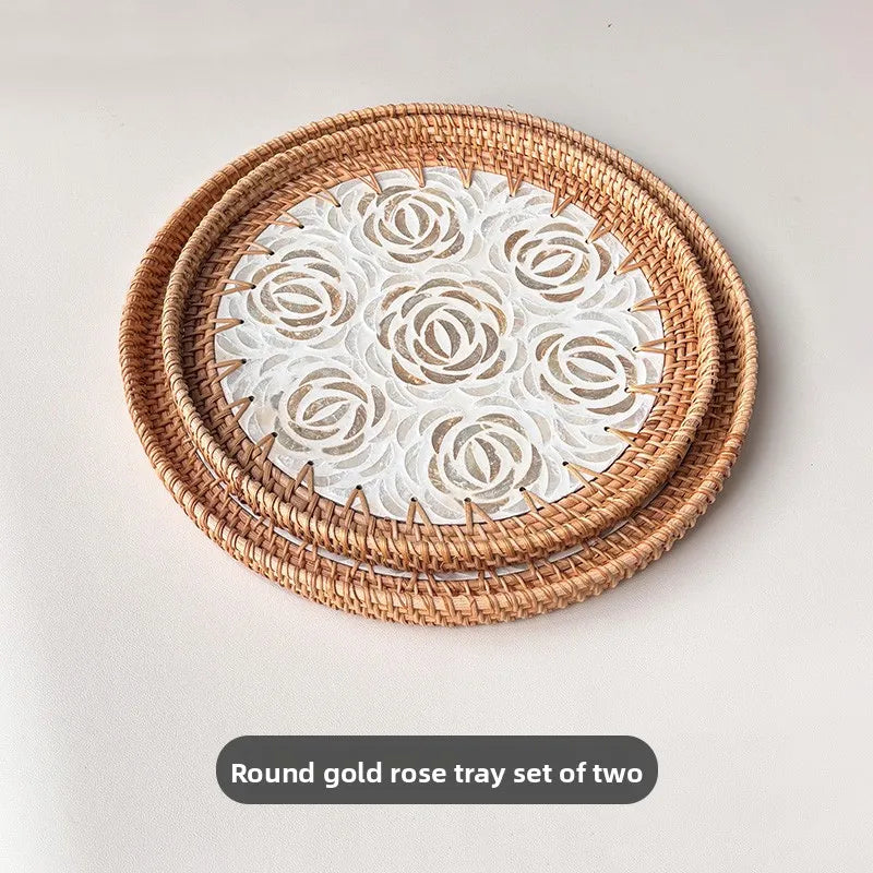 assiettes rotin naturel fleurs motifs floraux mosaïque traditionnel artisanal set deux