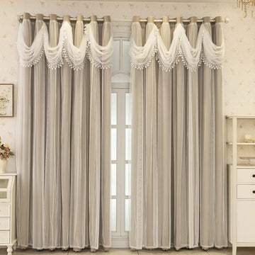 rideaux beige clair blanc légèrement texturés classiques romantiques opaques franges anneaux tulle inclusion