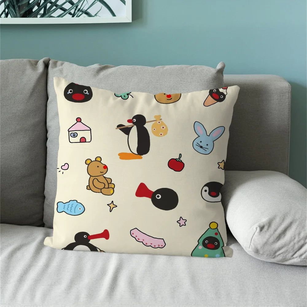 housse coussin carré beige motif pingouin cartoon décoratif salon chambre enfant tissu coton