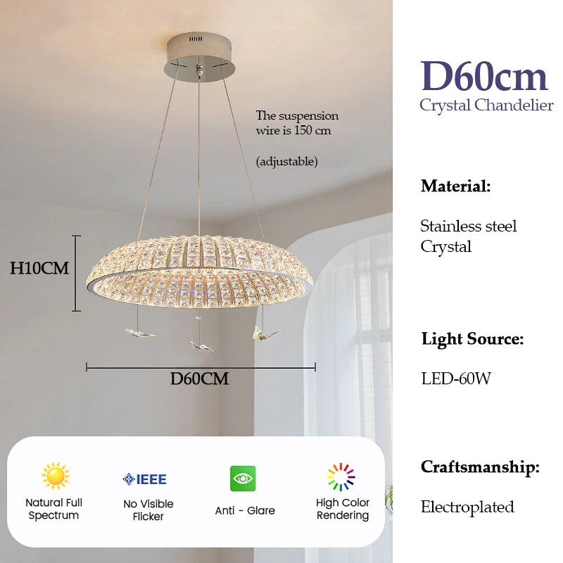 suspension lumineuse moderne cristal facettes papillons argentés interrupteur tactile 80cm diamètre