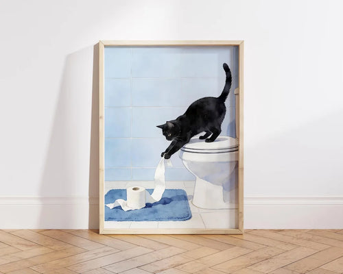tableau salle bain chat noir toile cadre bois décoration murale humour toilette