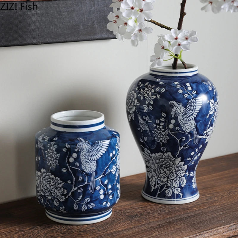 vases bleu blanc fleurs oiseaux feuillage classique decoration table arrangement fleurs moderne