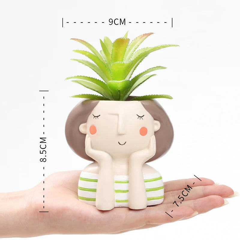 figurines décoratives cartoon fleurs reliefs cheveux stylisés plante succulente verte rose beige