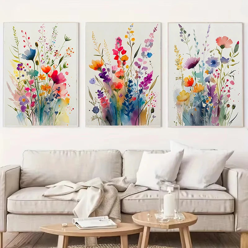tableau moderne minimaliste multicolore fleurs aquarelle toile cadre bois chambre salon déco sans frame