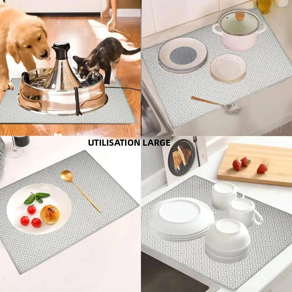 tapis cuisine gris blanc motif géométrique moderne assiettes verres couverts bol cuillère assaisonnement 50cm