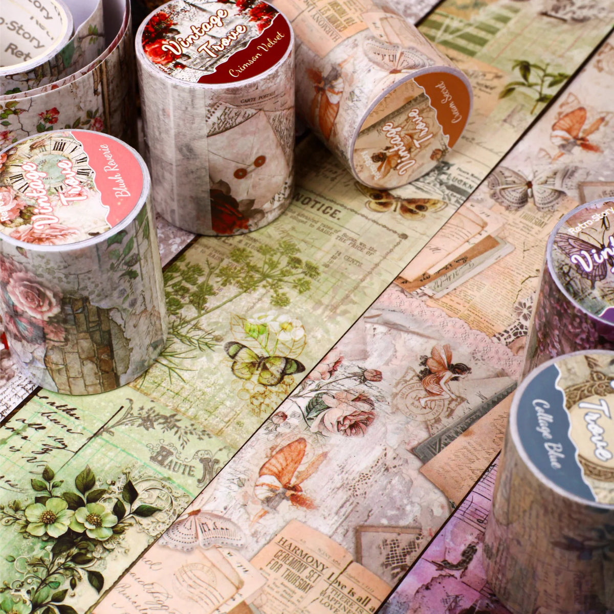 ruban décoratif vintage multicolore fleurs papillons lettres illustré 50mm longueur 2mètres