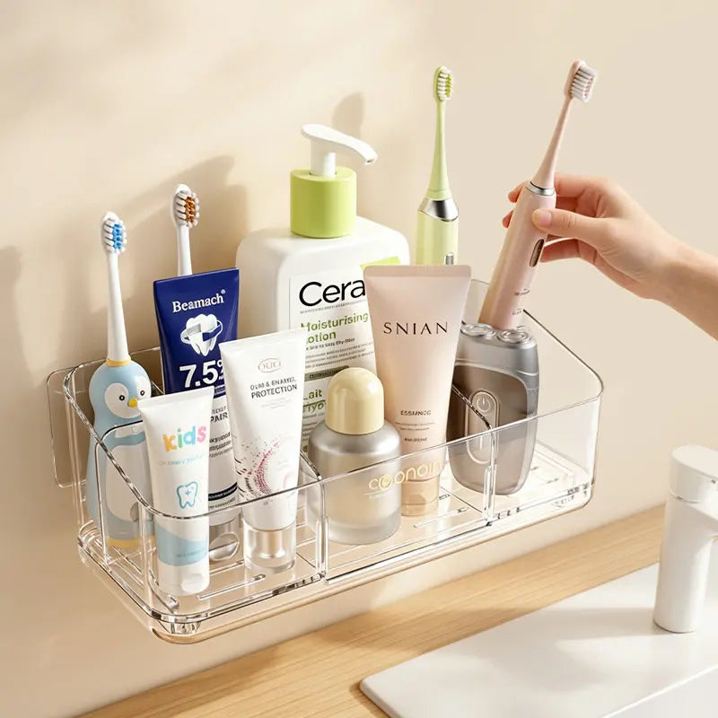 organisateur mural transparent rangement moderne toilettage brosses électriques tubes crèmes lotions hydralotion bébé cheveux