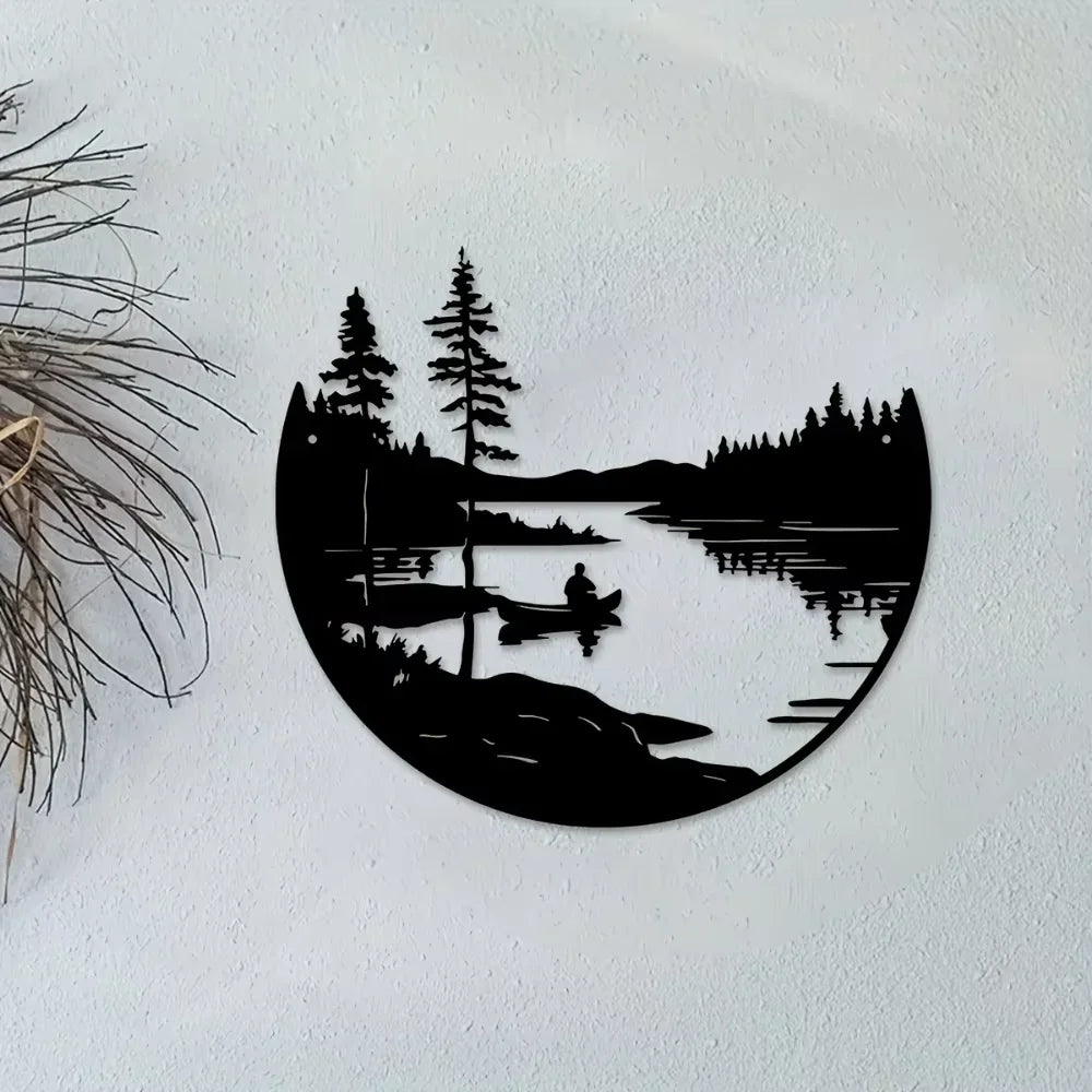 décoration murale moderne plaque noire paysage silhouettes rivière bateau personne minimalist artextérieur maison