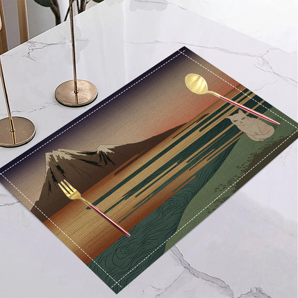tapis table lin moderne motifs artistiques beige bleu orange noir jaune respectueux environnement 30x40cm