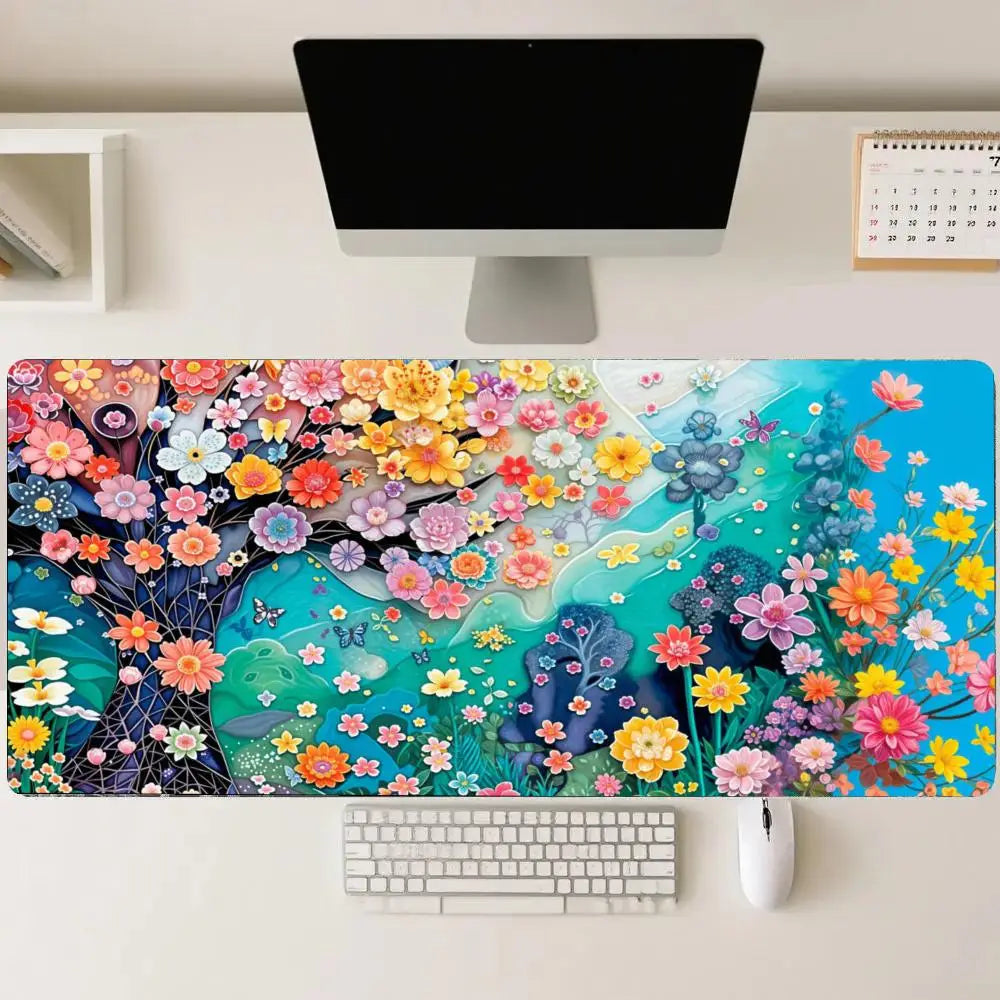 tapis souris fleurs colorées moderne bleu vert rose jaune blanc abstrait gaming bureauDecoration