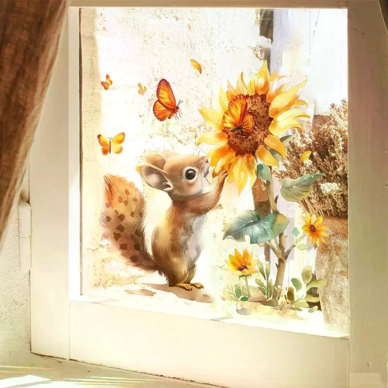 autocollant mural rustique écureuil tournesol aquarelle opaque animaux fleurs papillons réaliste adhésif marron beige