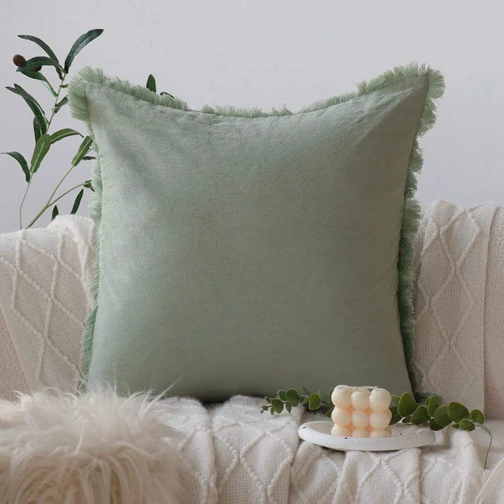 housse coussin carré vert pastel texture douce franges moderne salon chambre car décoration