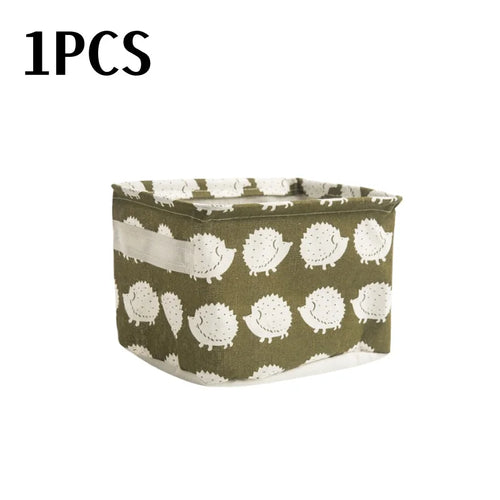 paniers rangement pliables tissu lin motifs animaux geometriques poignees amovibles couleurs vert blanc bleu