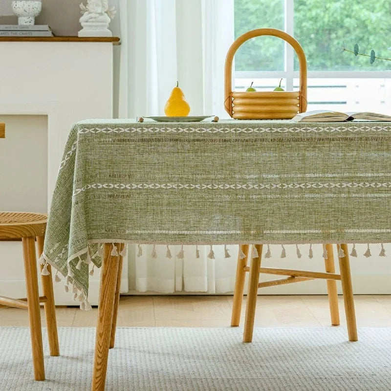 nappe vert olive rayures blanches franges boho chic réutilisable polyester table hiver été ramadan