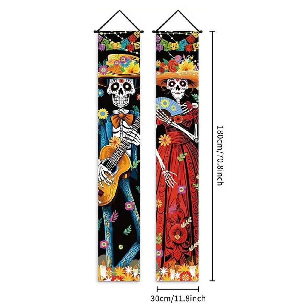 bannière suspendue halloween squelettes personnages costumés colonnes architecturales 180cm 30cm