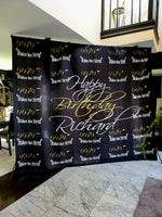 toile fond personnalisable mariage anniversaire moderne lettres blanches guirlande lumineuse doré đen trắng
