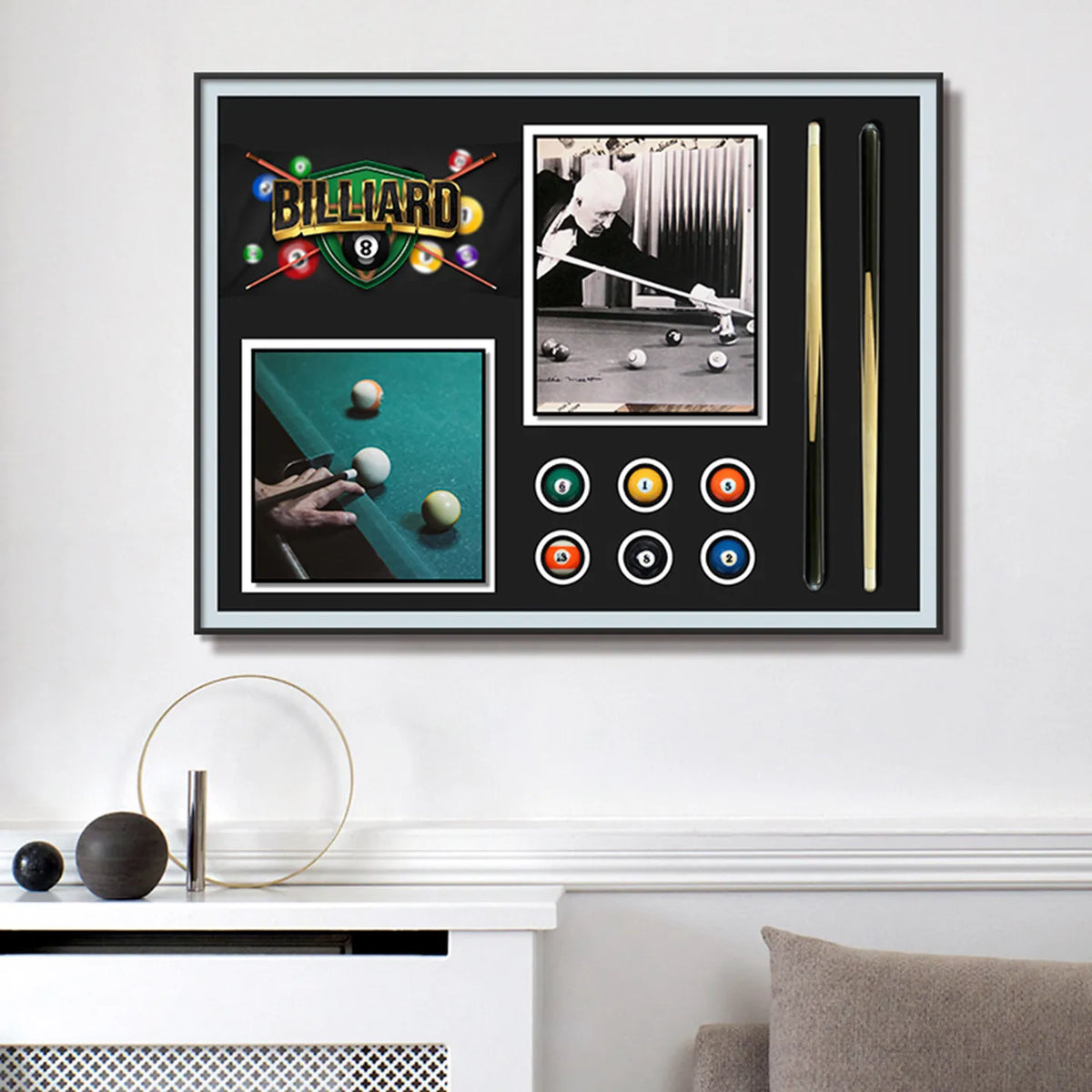 peinture physique 3d queue billard boules vert noir blanc doré moderne cadre aluminium traditionnelle