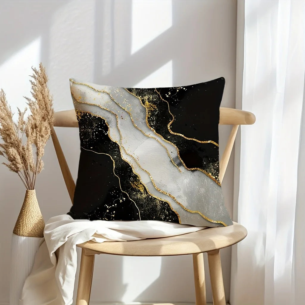 taies d'oreiller imprimées marbre veines dorées contemporain maison salon 45x45cm polyester peachskin