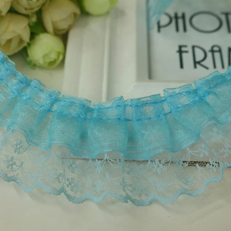 ruban dentelle fine rose clair rouge bleu clair vintage romantique fronces polyester 4.5cm