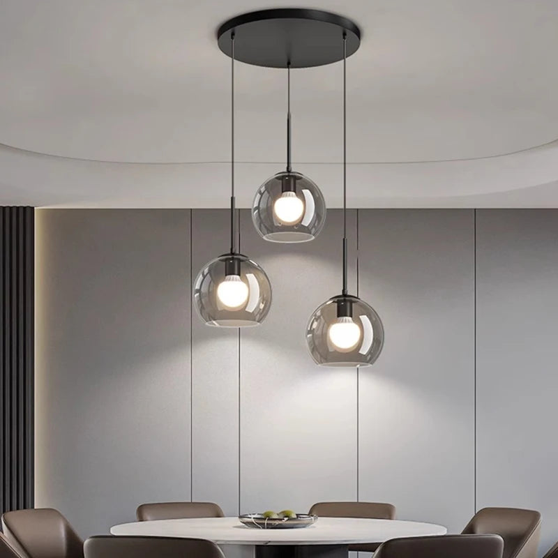 suspension lumineuse moderne sphères transparentes noir led salon salle manger éclairage intérieur