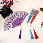 éventail pliant violet fleurs blanches dentelle pompons élégants classique ornemental blanc violet rouge bleu