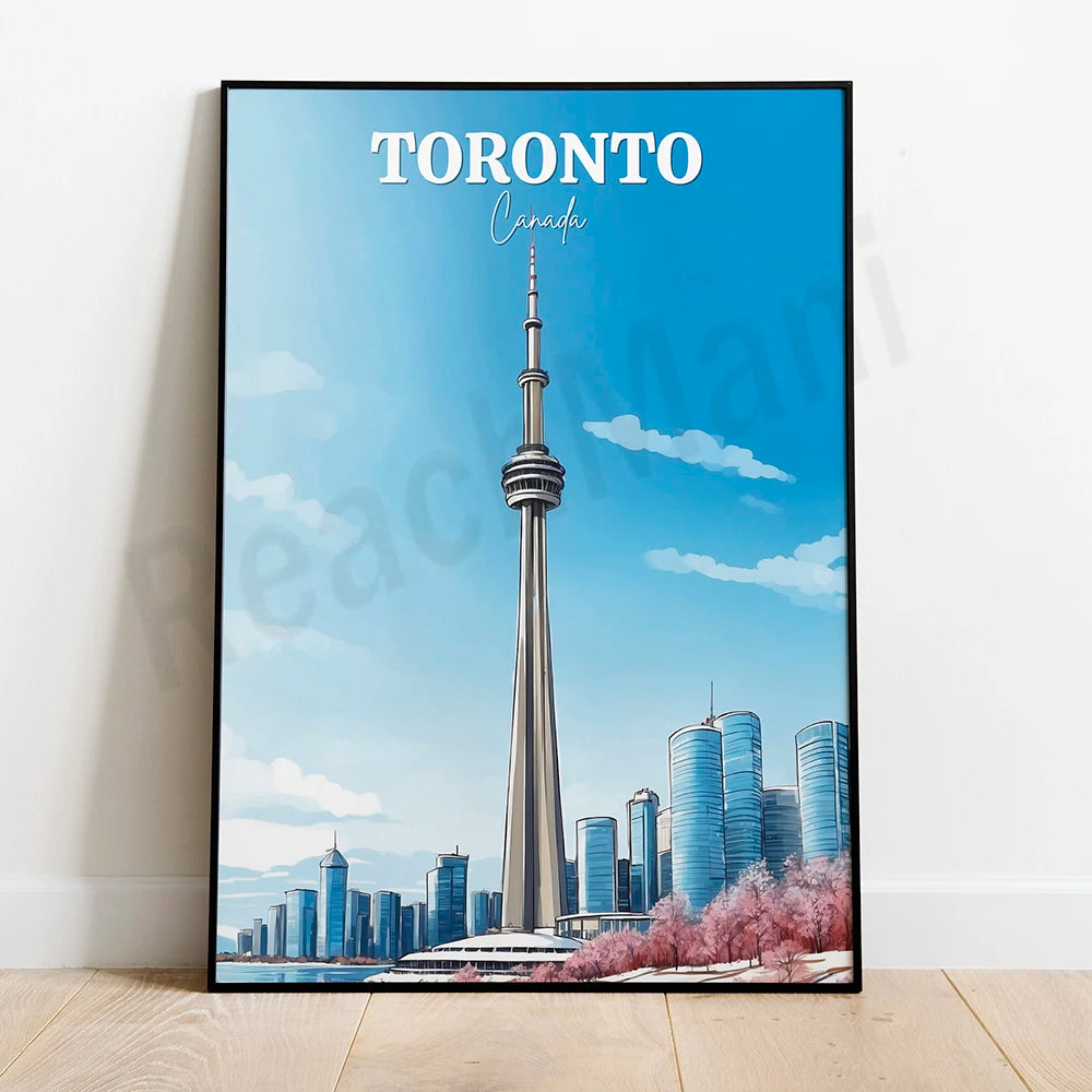 L'image présente un paysage urbain de Toronto, avec sa tour emblématique, les gratte-ciel et les arbres en fleurs au premier plan, offrant une vue panoramique de la ville canadienne.