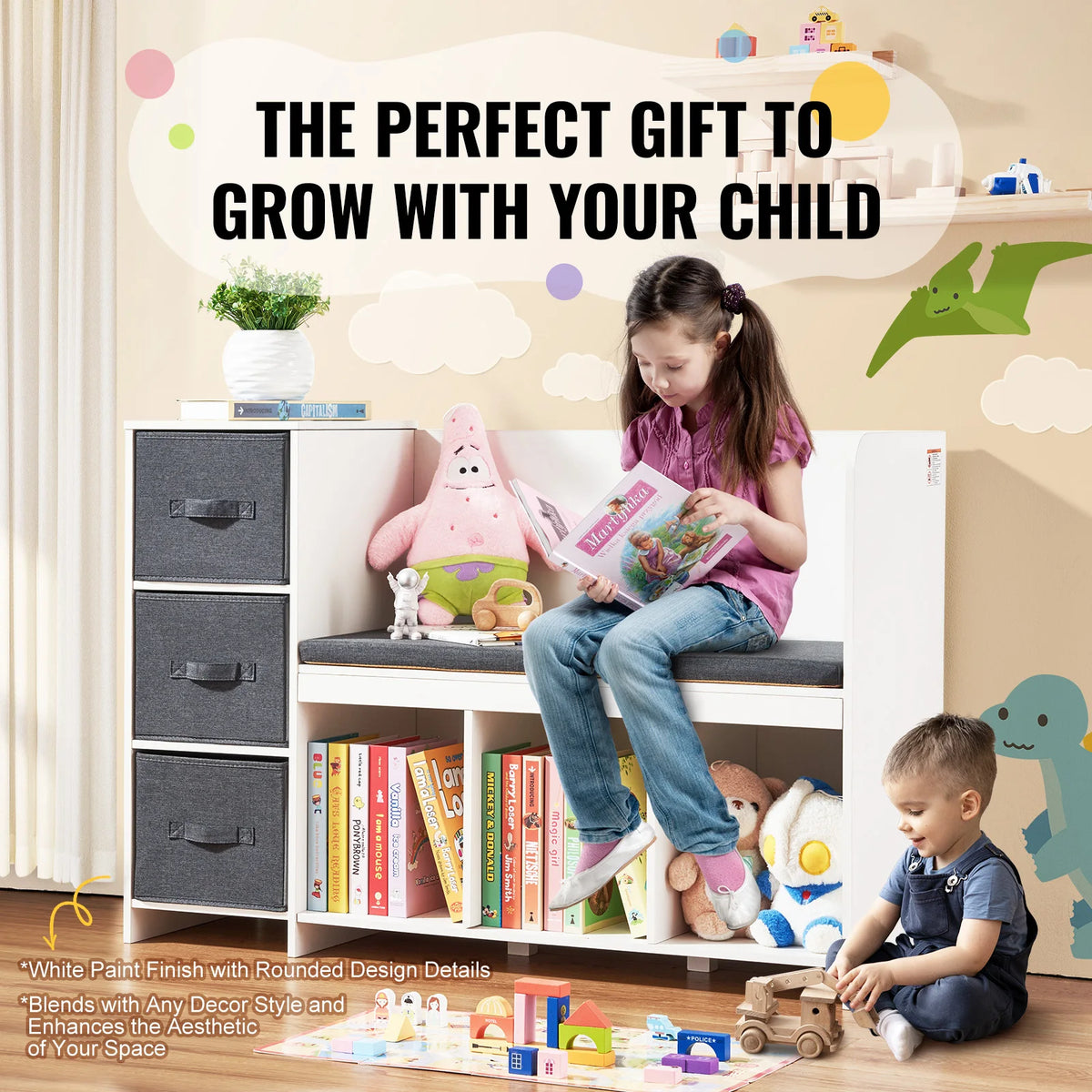 meuble salon enfant blanc moderne tiroirs compartiments banc rangement jouets