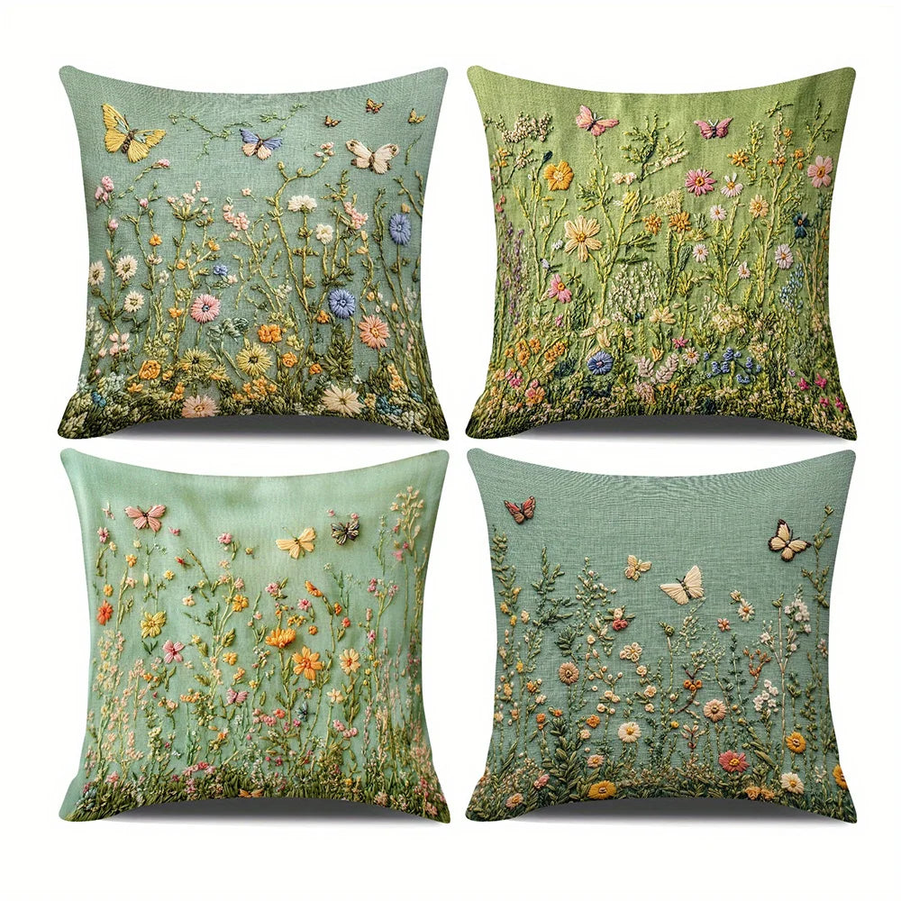 housse coussin motif floral papillons vintage vert clair decoration intérieure 40x40cm 45x45cm 50x50cm 60x60cm