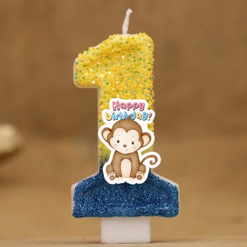 bougies anniversaire animaux singe pailletées chiffres decoration gâteau enfants festive