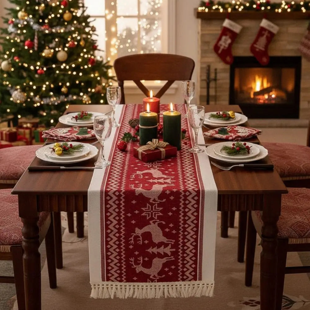table noël chemin rouge cerfs sapins étoiles traditionnelle cuisine décorative 35x120cm 35x180cm 35x240cm