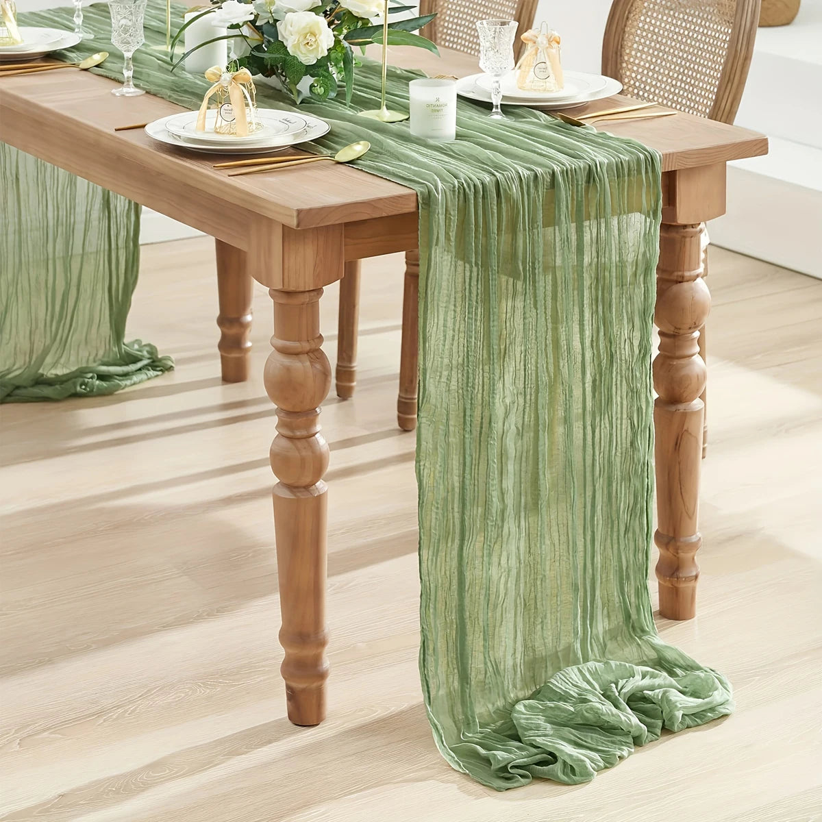 chemin table vert olive plissé décoration intérieure mariage festif 180x90cm polyester semi transparent événementiel