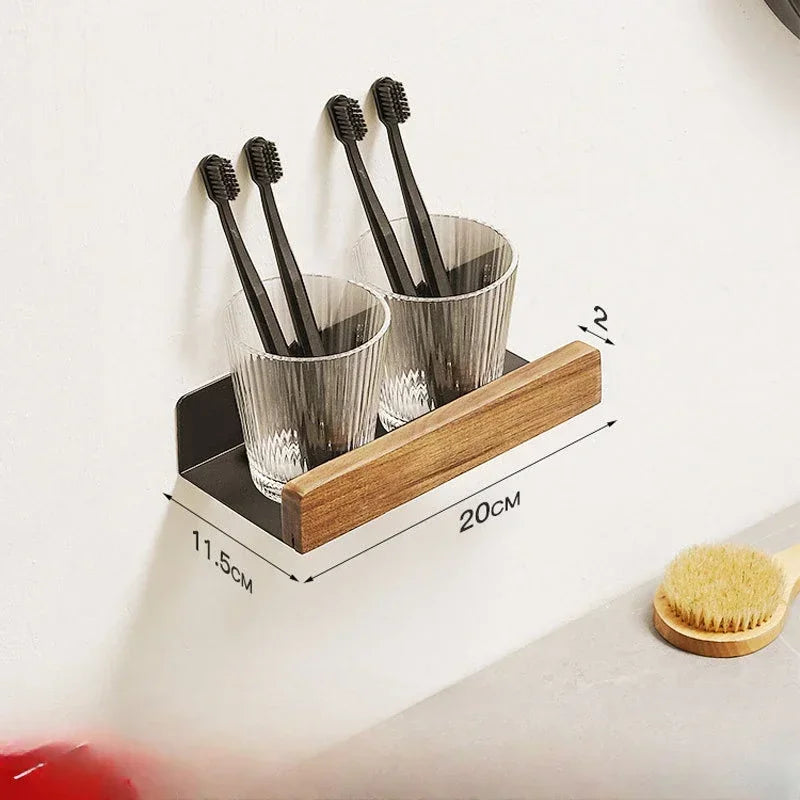 étagères murales modernes minimalistes noires bois flacons brosse dents adhésives salle bain