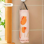 sac déchets suspendu moderne poignées noires crochets cuisine carreaux blanc noir marron vert orange