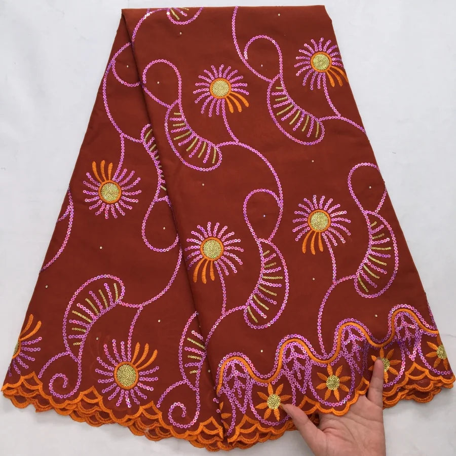 tissu voile brodé fleurs géométriques marron violet bleu clair polyester coton mariage décoration paillettes