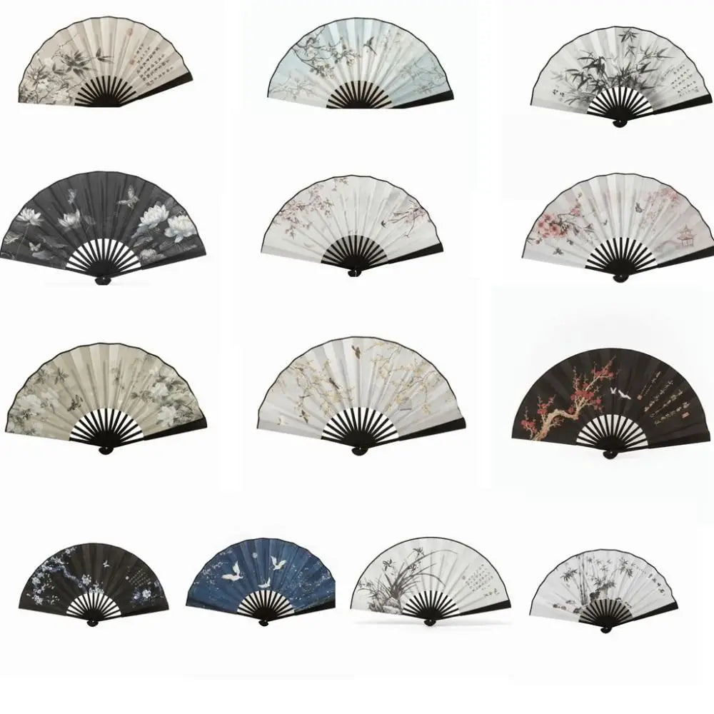 éventails pliants traditionnels chinois fleurs papillons calligraphie paysages noir blanc bleu gris rose support