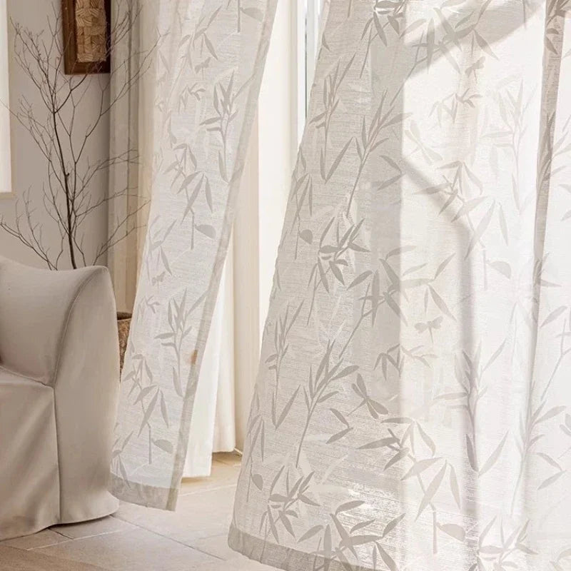 rideau blanc moderne motif feuilles bambou translucide salon chambre fenêtre maison luxe