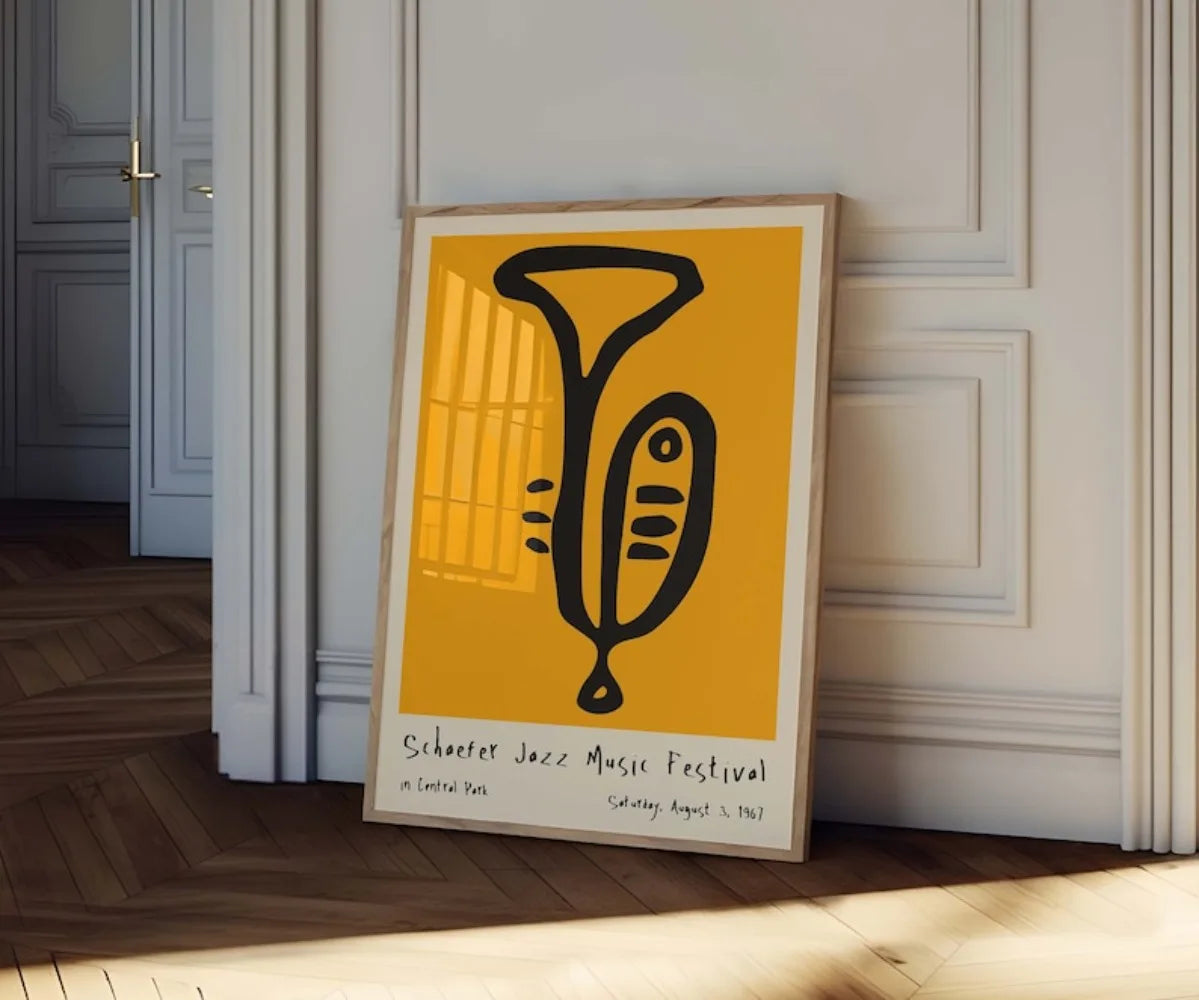 affiche abstraite jazz festival moderne minimaliste jaune noir encre imperméable toile rectangle vertical