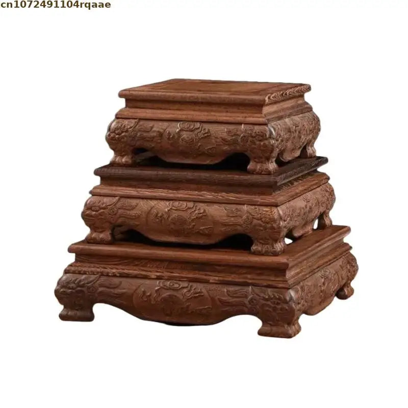 socle bois sculpté vase céramique plante statuette dragon gravure traditionnel artisanal decoration