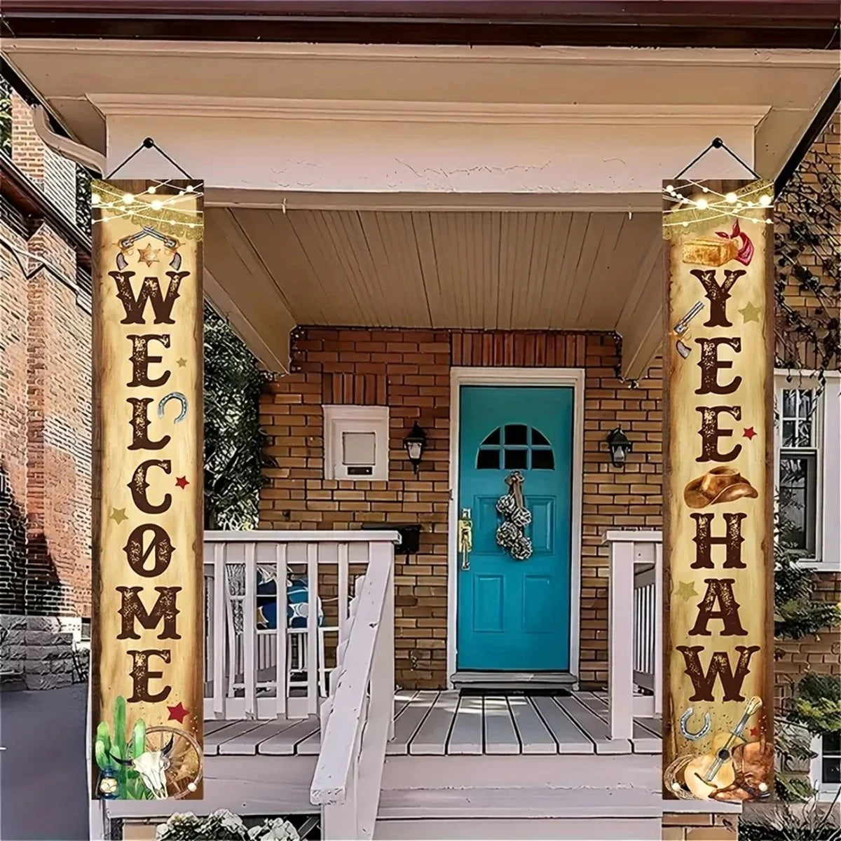 bannière western welcome yeehaw étoiles cactus bottes sabots clips magnétiques guirlande lumineuse vintage automne
