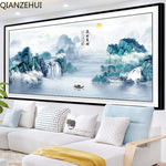 tableau paysage montagneux peinture traditionnelle coton nuages eau texte chinois vert bleu blanc gris