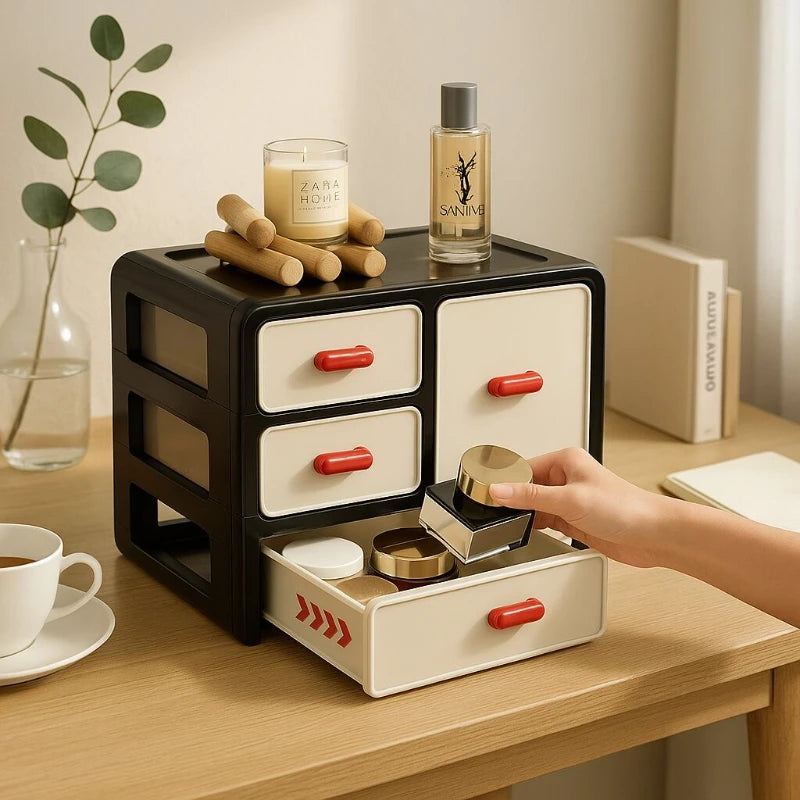 boîte maquillage moderne boîtes rangement noires blanches rouges poignées motifs géométriques