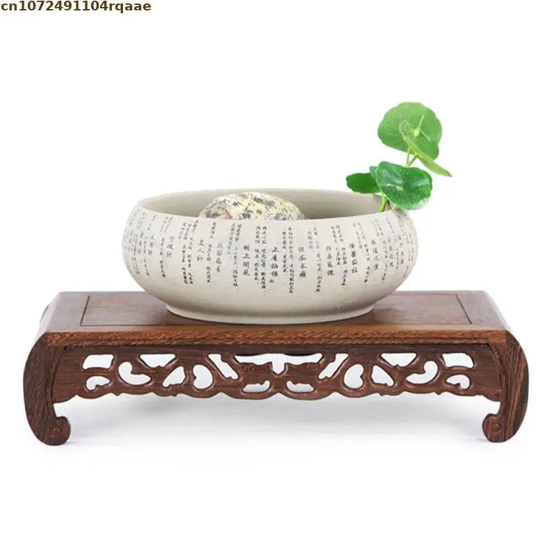 support bois marron gravures décoratives classique artisanal vase bonsaï thé figurines