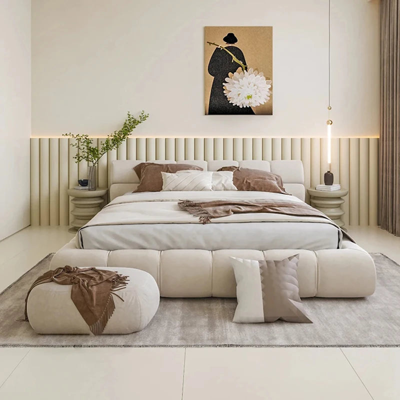lit moderne minimaliste bois simili cuir beige clair rangement 180x200cm