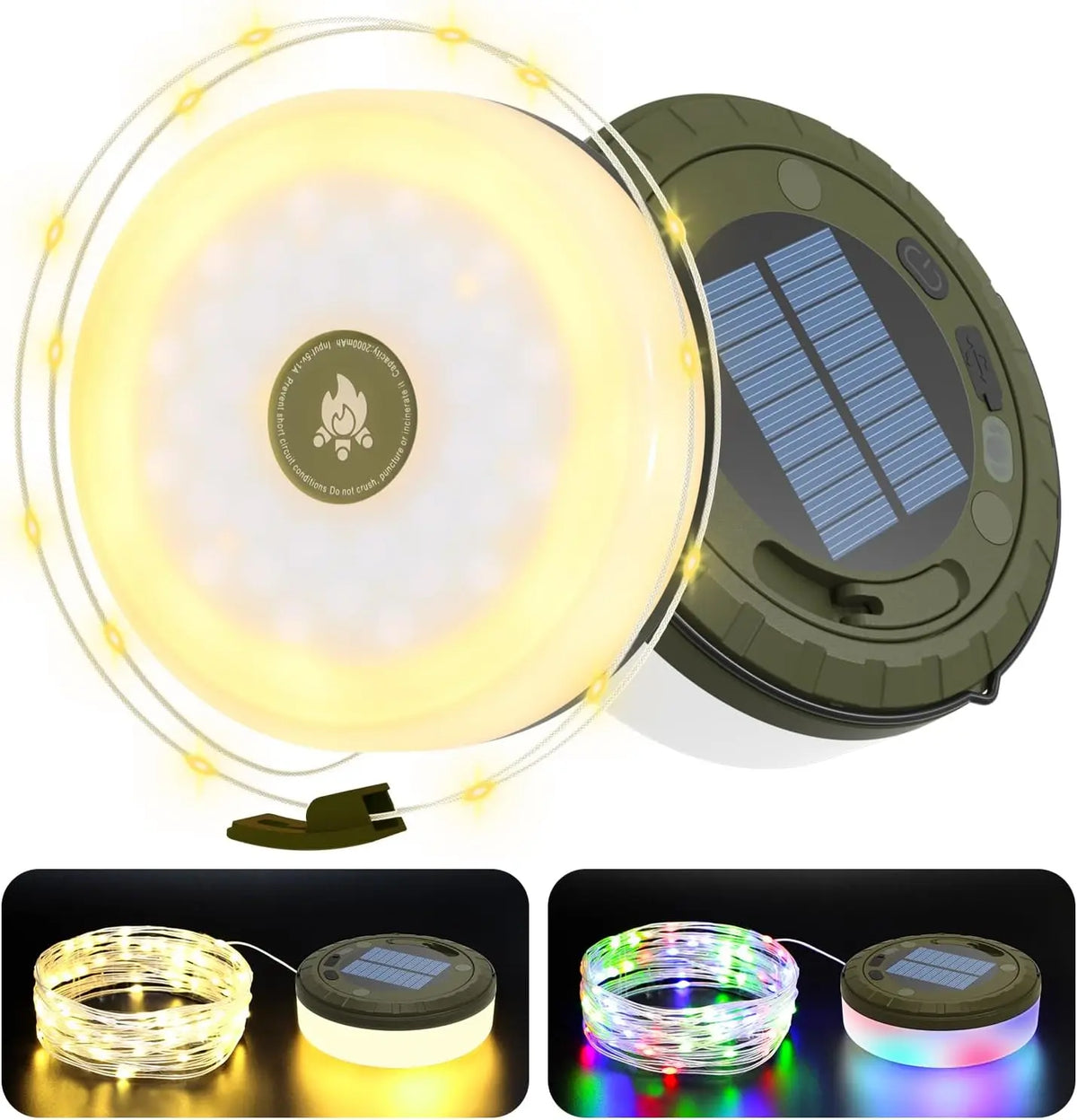 guirlande lumineuse solaire led blanc vert olive moderne portable camping extérieur autonomie ip65 abs
